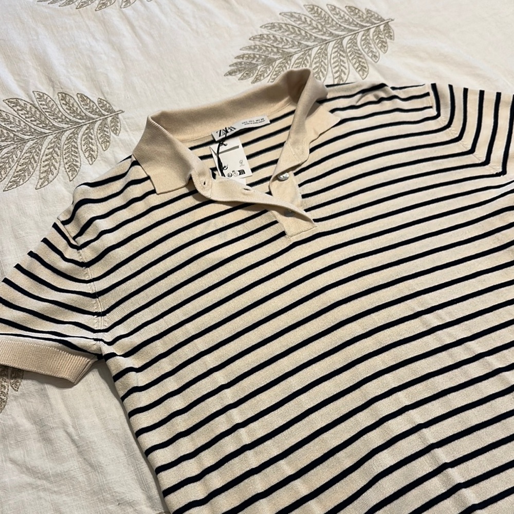 ZaraWomen’s Navy and Cream Striped Polo Shirt